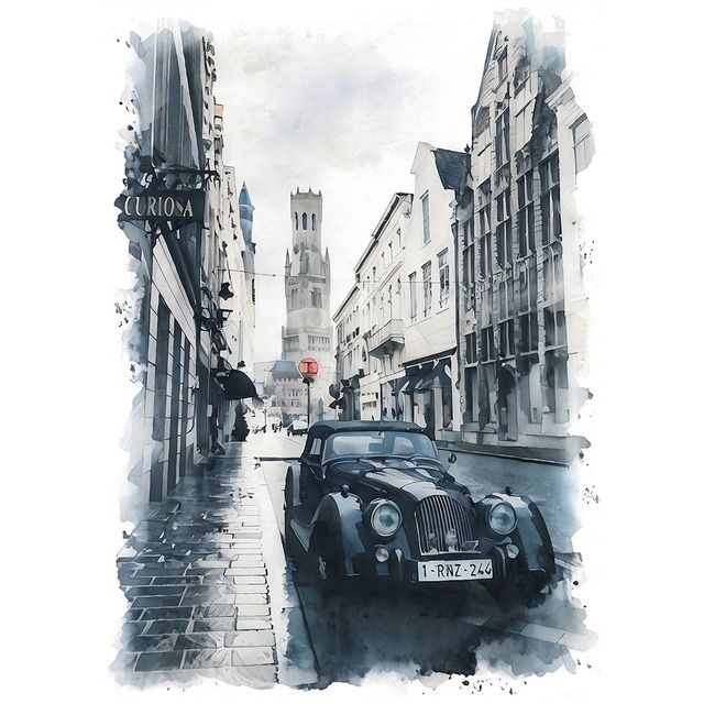 絵画 ベルギー風景画(街並み) ブルージュの鐘楼とクラシックカー のある風景 インテリアアート額付き 水彩画・油絵調 WAT0232