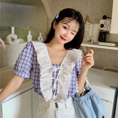 ✞ サマーVネックレースチェック柄半袖スリーブシャツブラウス大人女子☆ ショート 夏物 ステッチ ✞ゴスロリ SM ミリ 甘ロリ クラロリ 和ロリ エレガント 黒ロリ 姫ロリ 華ロリ BB-BB8578056