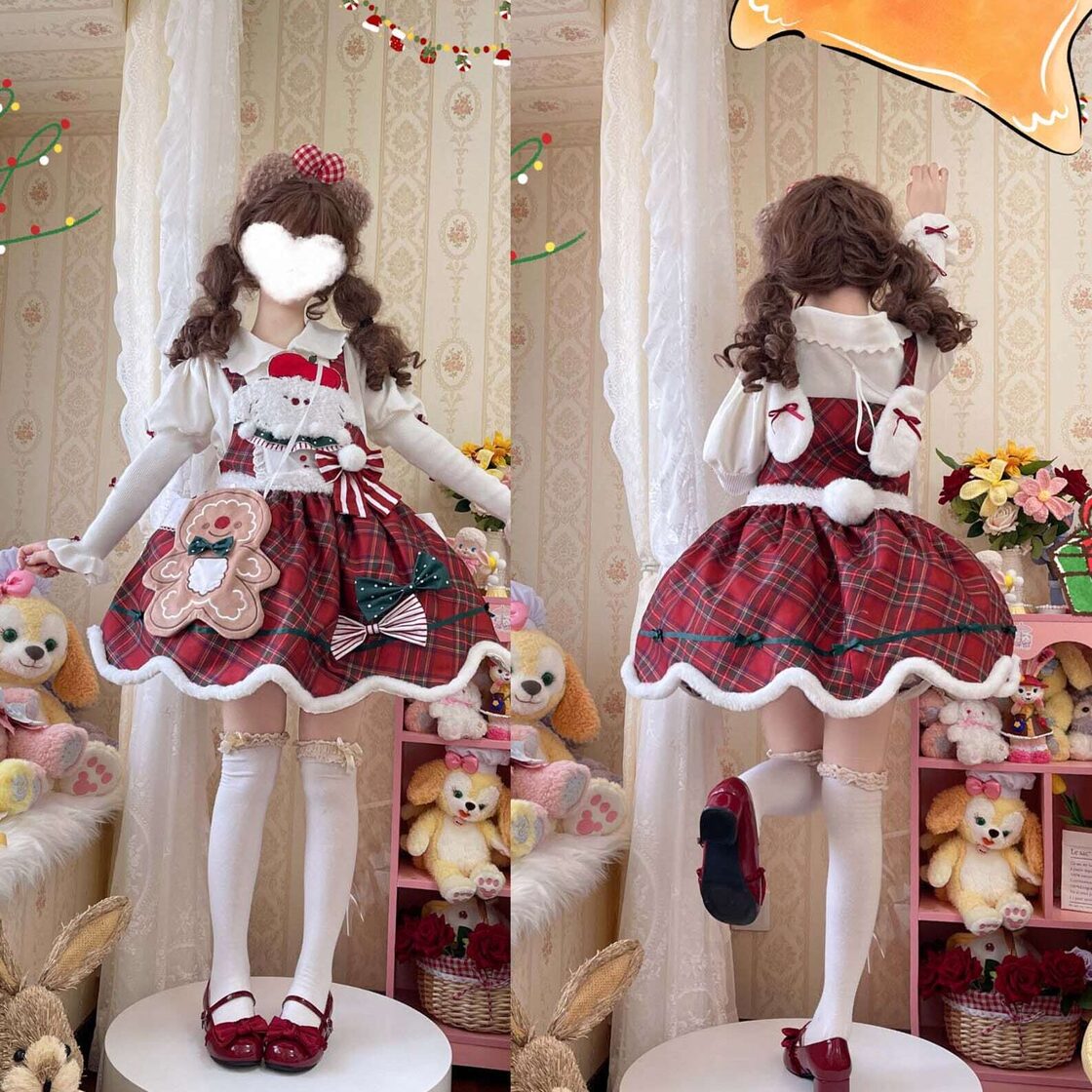 2点セット）クリスマス ロリータ チェック柄 超かわいい トップス+jsk  