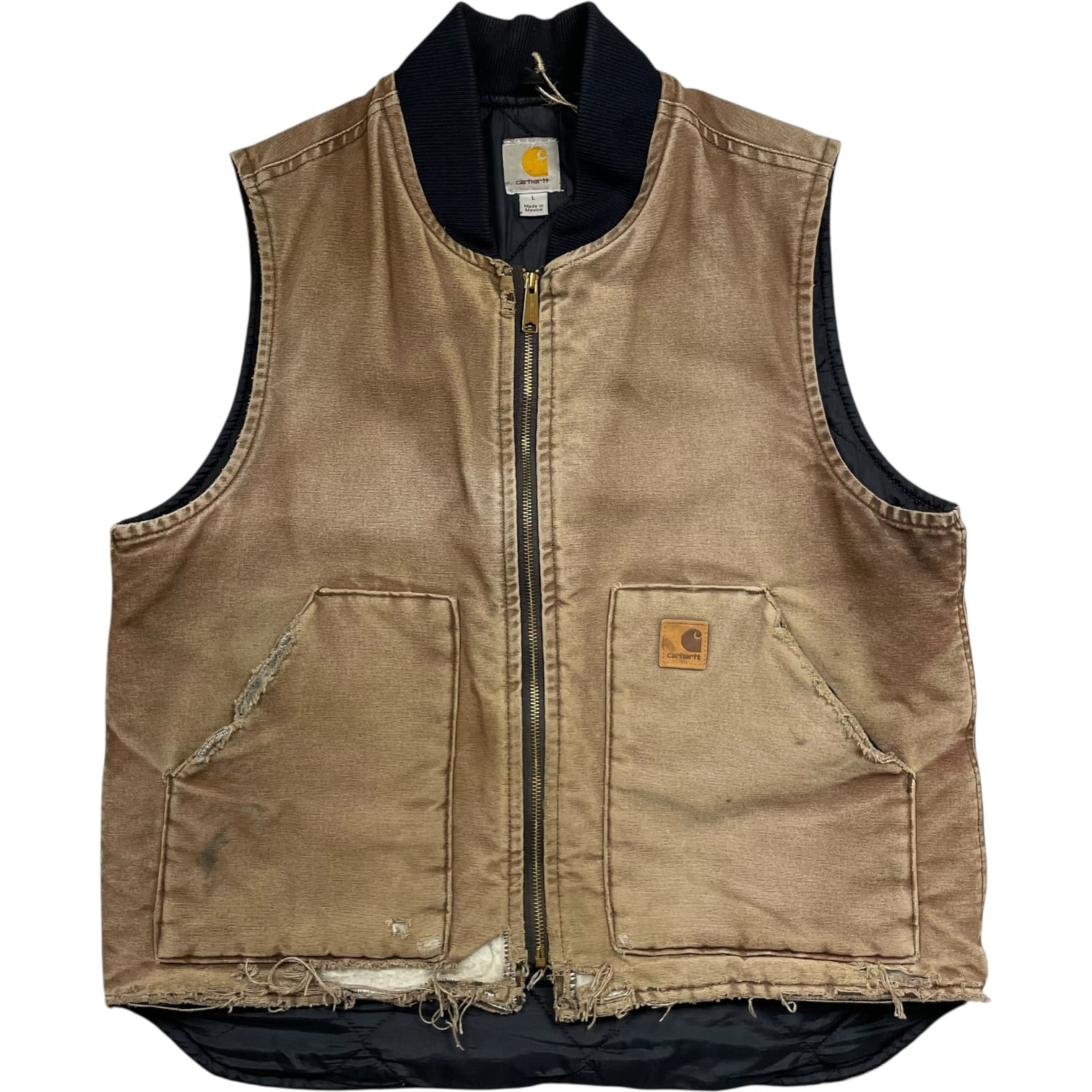 《L》Carhartt カーハート ベスト ダックジャケット ダークブラウン ワンポイントロゴ ダメージ フェード no.9776