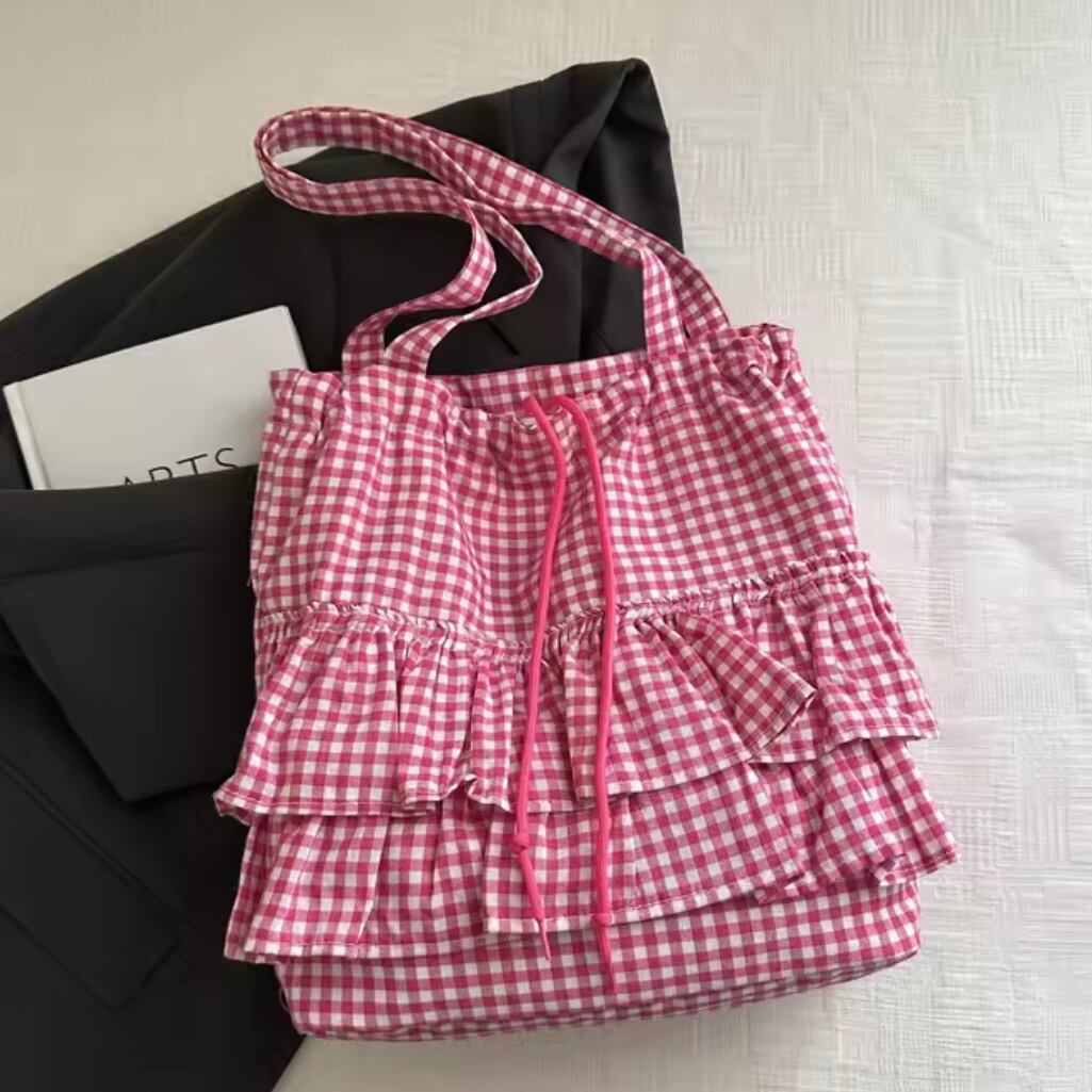 frill gingham check tote bag