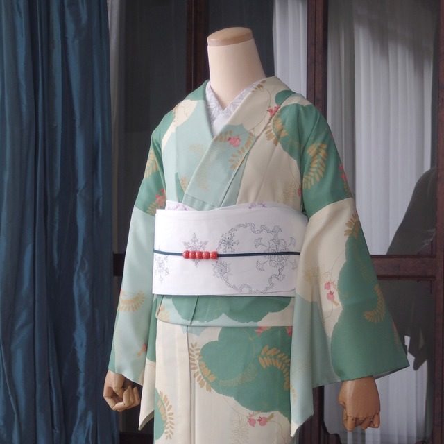 涼感□夏着物『紗』御召□鹿の子柄の市松模様小紋□ベージュ◇