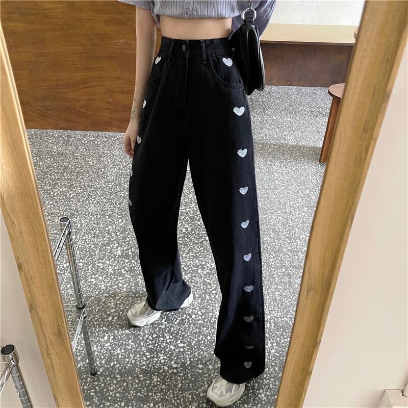 ブラックジーンズ オータム薄手パンツ ルーズ レッド 秋物 萌量不足2650844184