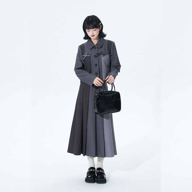 クラロリ好きのための 上品グレートーン配色ジャケット＆プリーツロングスカートセット