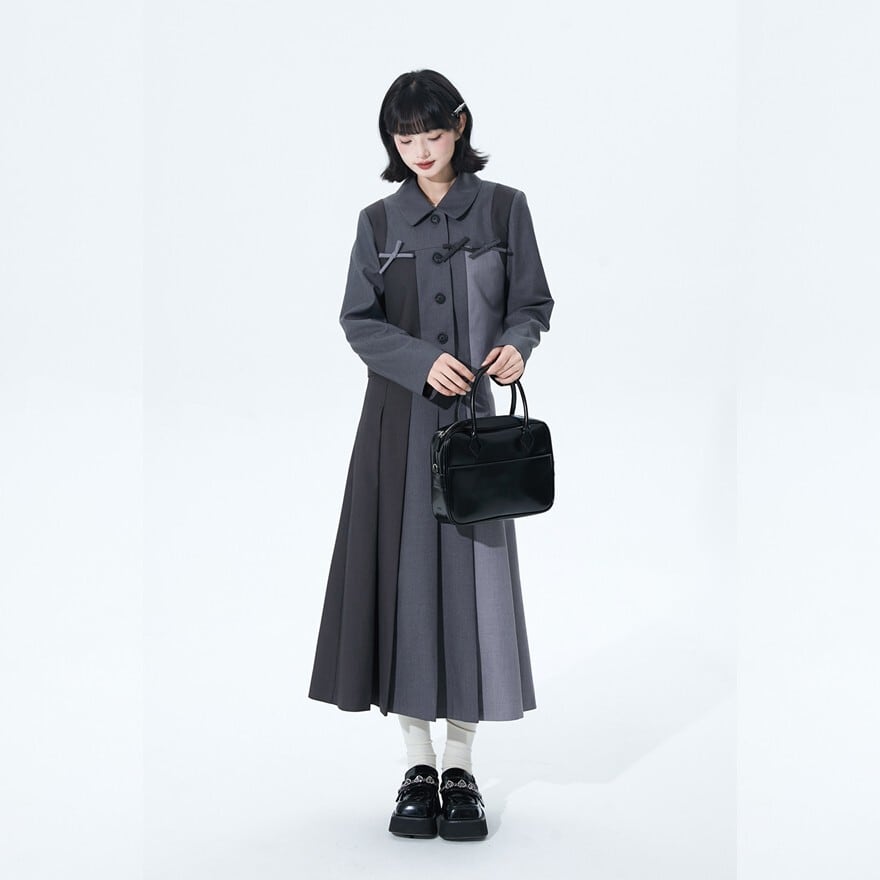 クラロリ好きのための 上品グレートーン配色ジャケット&プリーツロングスカートセット