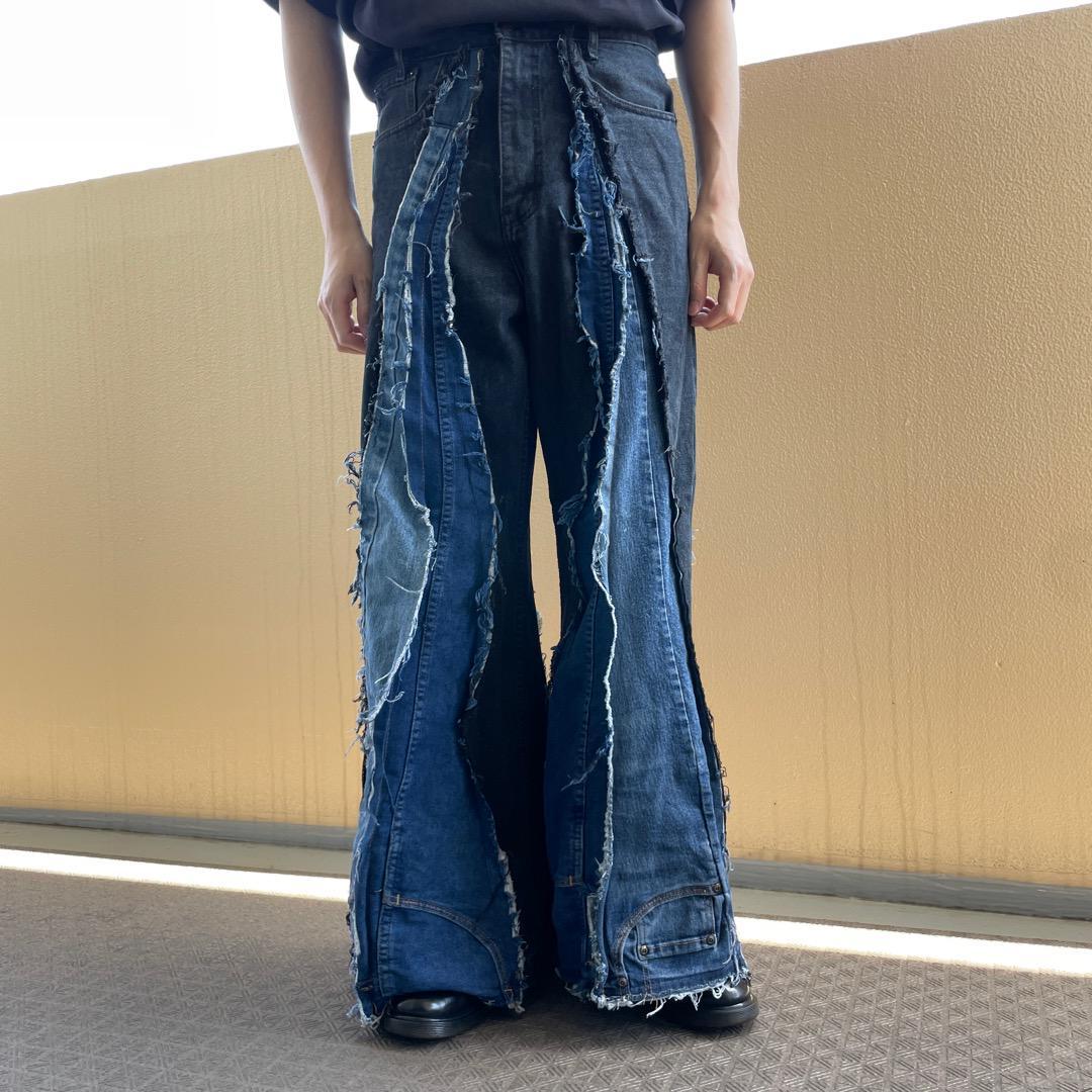 リメイクデニム ブルーデニム ワイド フレア 再構築 M 黒 青 14325