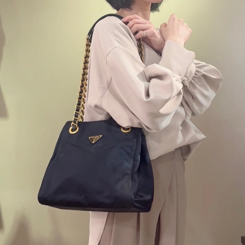PRADA】2260 プラダ ナイロン チェーントートバッグ ブラック ゴールド