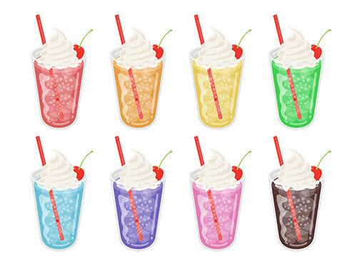 カップに入った、色んな味のクリームソーダのイラスト | イラスト