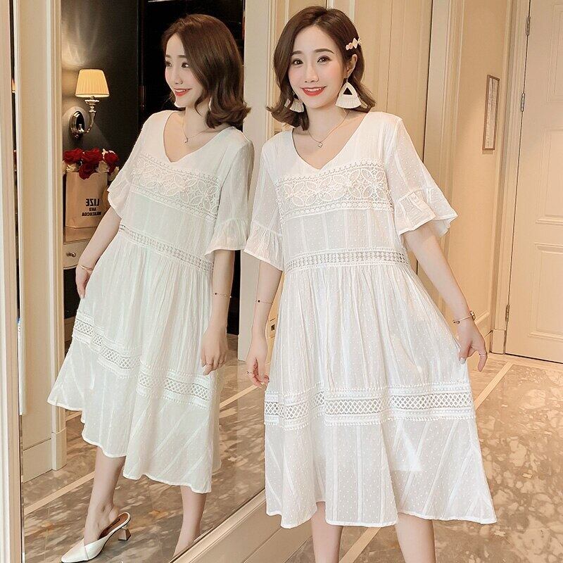 【新作】【送料無料】 8680＃サマーマタニティドレスVネックレースパッチワークコットンラージサイズゆったりとした服妊娠中の女性妊娠中 大きめサイズ 夏物 AL expec323367738774