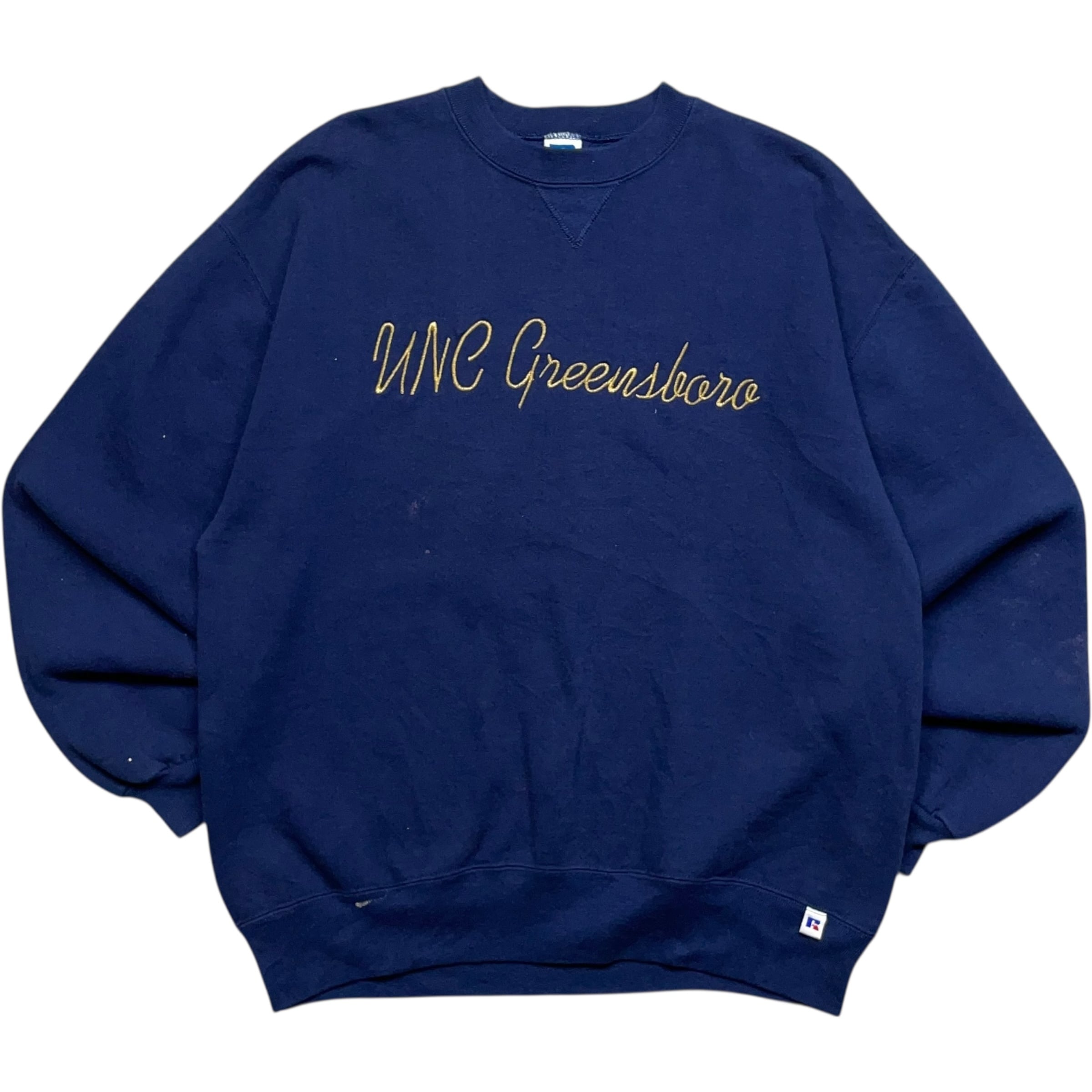 《XL》 russell athletic ラッセルアスレチック スウェット 刺繍デザイン ペンキ ネイビー USA製 90年代 vintage no.9437