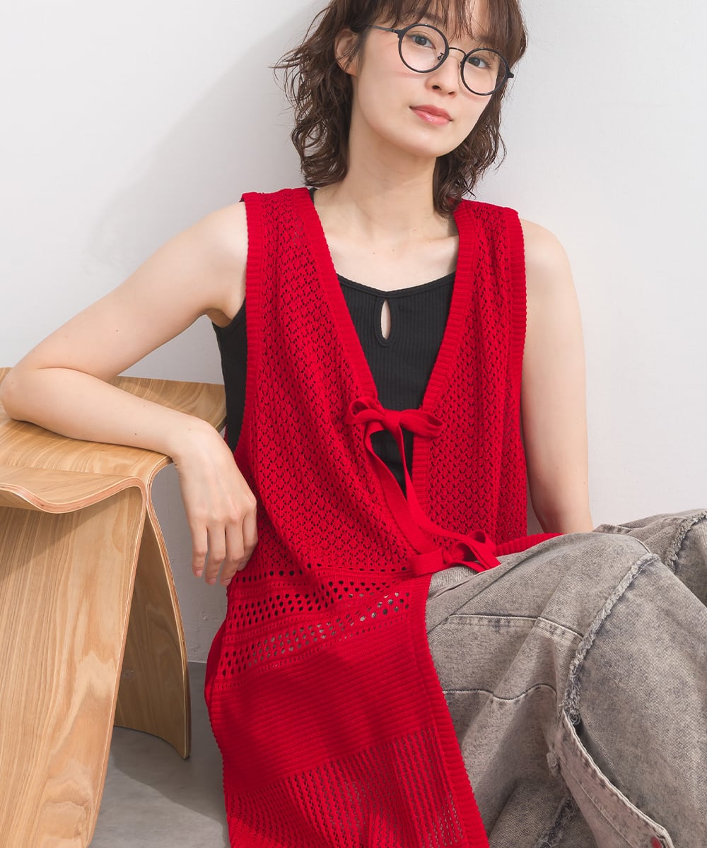 生見愛瑠着用 【新品タグ付き✨️】 french twill long vest P262050 編み地切替ロングニットジレ / Pattern Knit Long Vest Dress