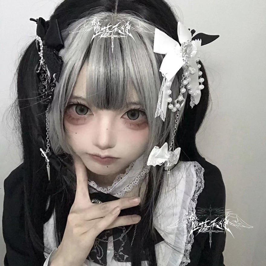 ゴシック ハートビジュー×リボン ヘアアクセサリー|チェーン付き 甘ロリ・ゴスロリ対応 ヘッドアクセ|天使と悪魔