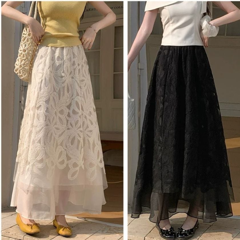 Lace x Tulle embroidery long skirt A1697 | arSelects