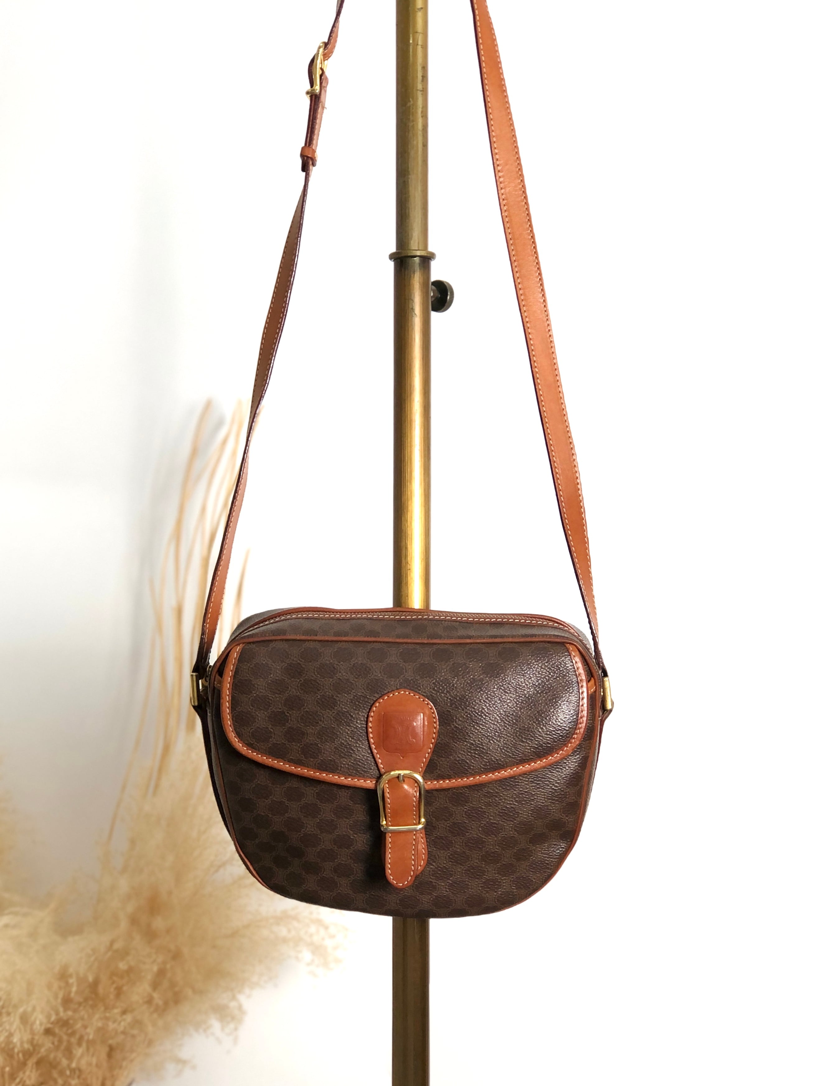 CELINE セリーヌ マカダム ショルダーバッグ ブラウン ブラゾン型押し PVC フロントバックル vintage ヴィンテージ オールド n75n6t