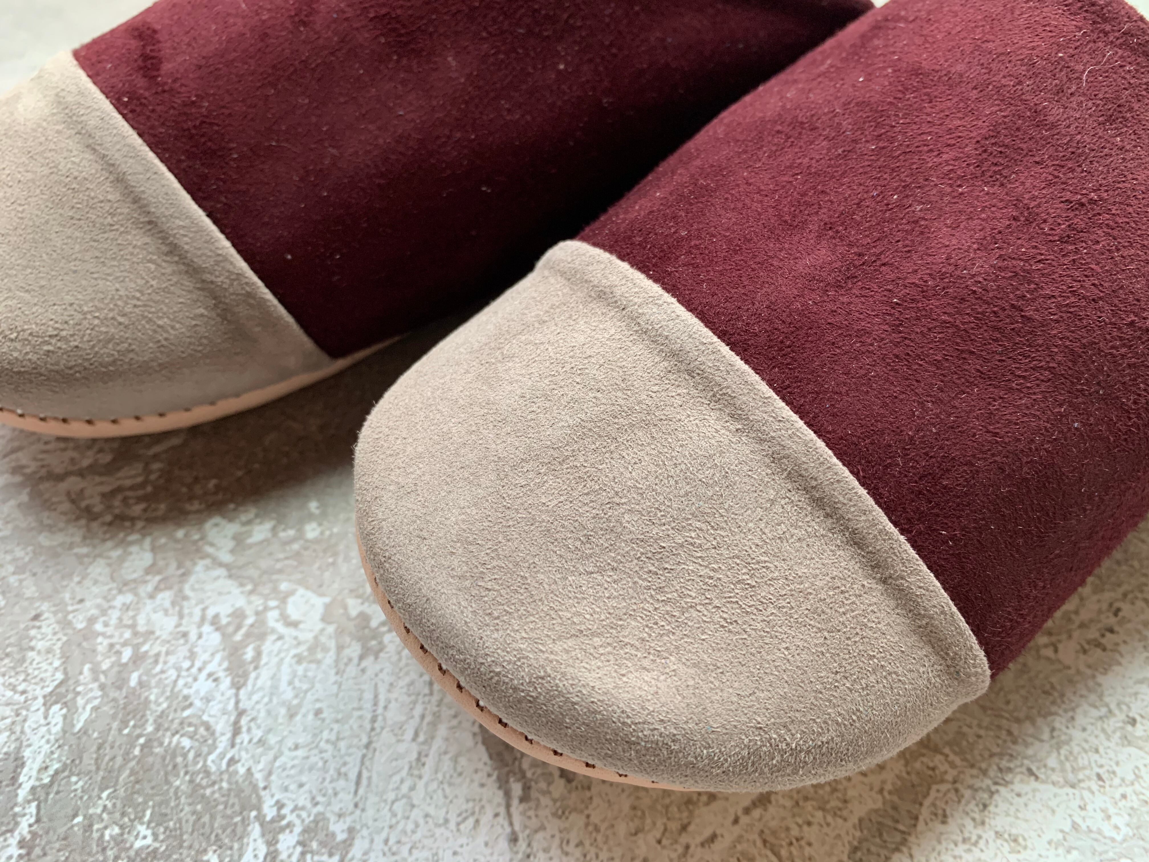 モロッコスエードバイカラーバブーシュ(エンジ)