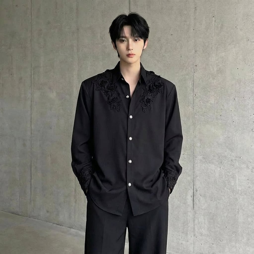 フラワー刺繍 ビジューボタンルーズシャツ D11964