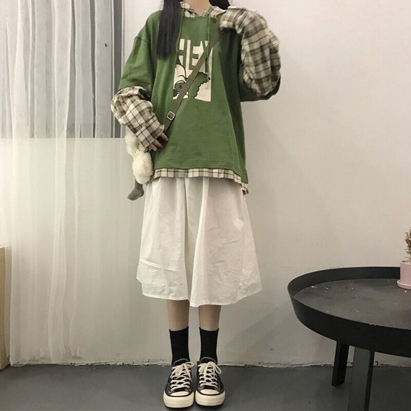 小さな新鮮な格子縞の長袖ステッチ偽のツーピースフード付きセーター女性春と秋の薄片+ミドル丈のスカートの潮 萌量不足17964369339
