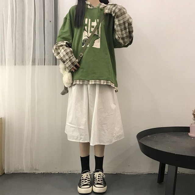 小さな新鮮な格子縞の長袖ステッチ偽のツーピースフード付きセーター女性春と秋の薄片+ミドル丈のスカートの潮 萌量不足17964369339