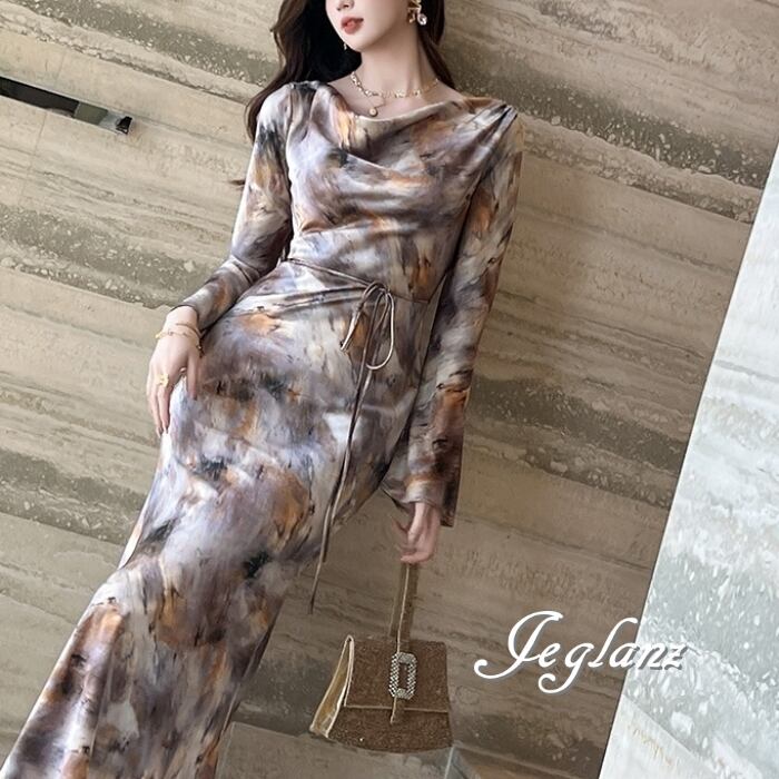 ワンピース ドレス タイダイ柄 バックシャン 紐ベルト 肌見せ ♪(MB173)ζ