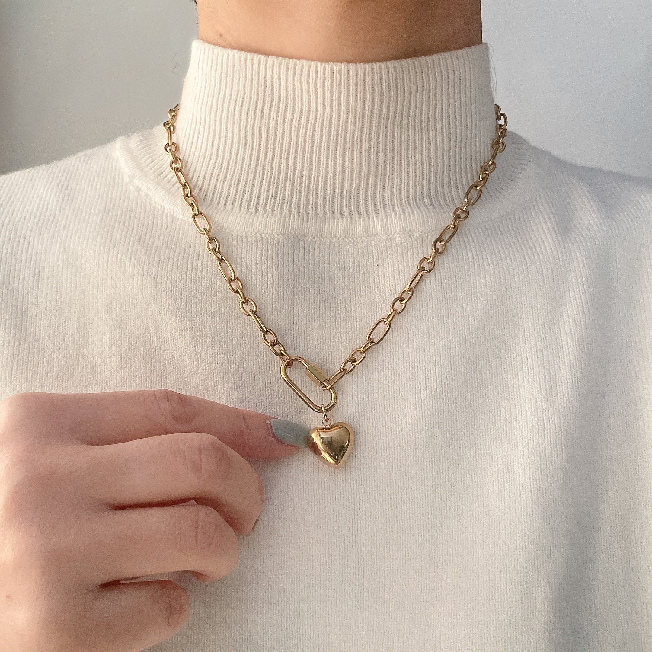 ハートチャーム&チャンキーチェーンネックレス ゴールド リニューアル