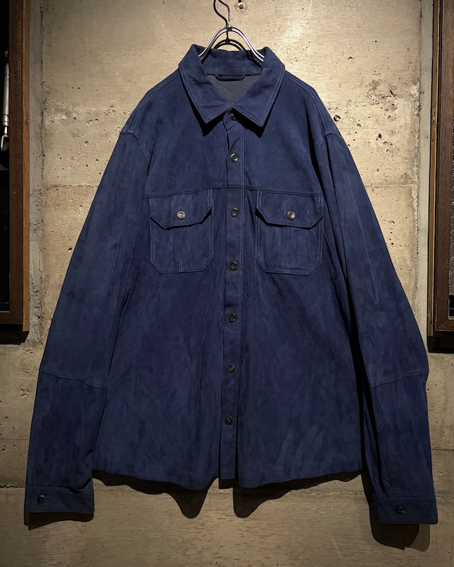 【Caka】Blue Color Vintage Loose Goat Suede Leather L/S Shirt