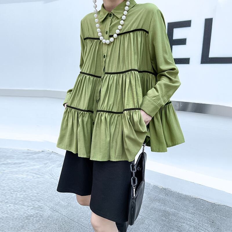 シャツ オータムトップス グリーンルーズ薄手 ロング 秋物 ラブタオタオダレンハウス16551511163