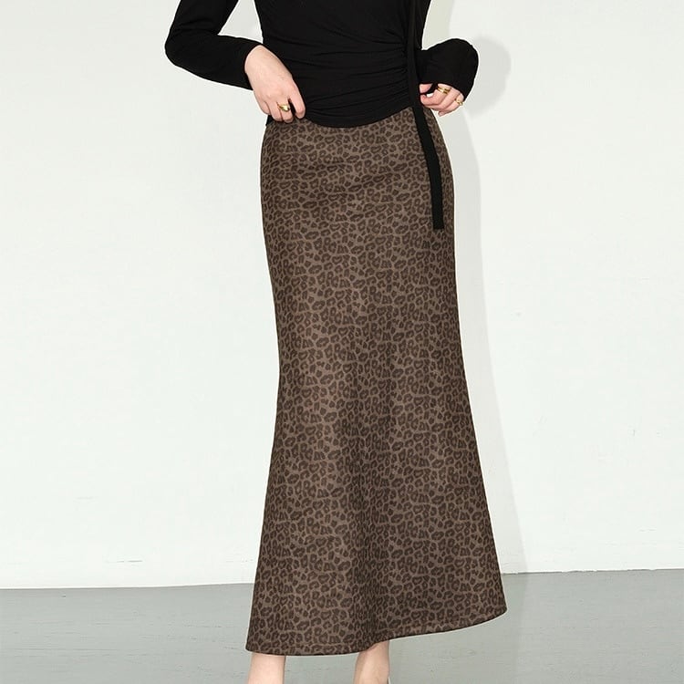 レトロ ヒョウ柄 スエード Aライン ミディアムロングスカート YH8851
