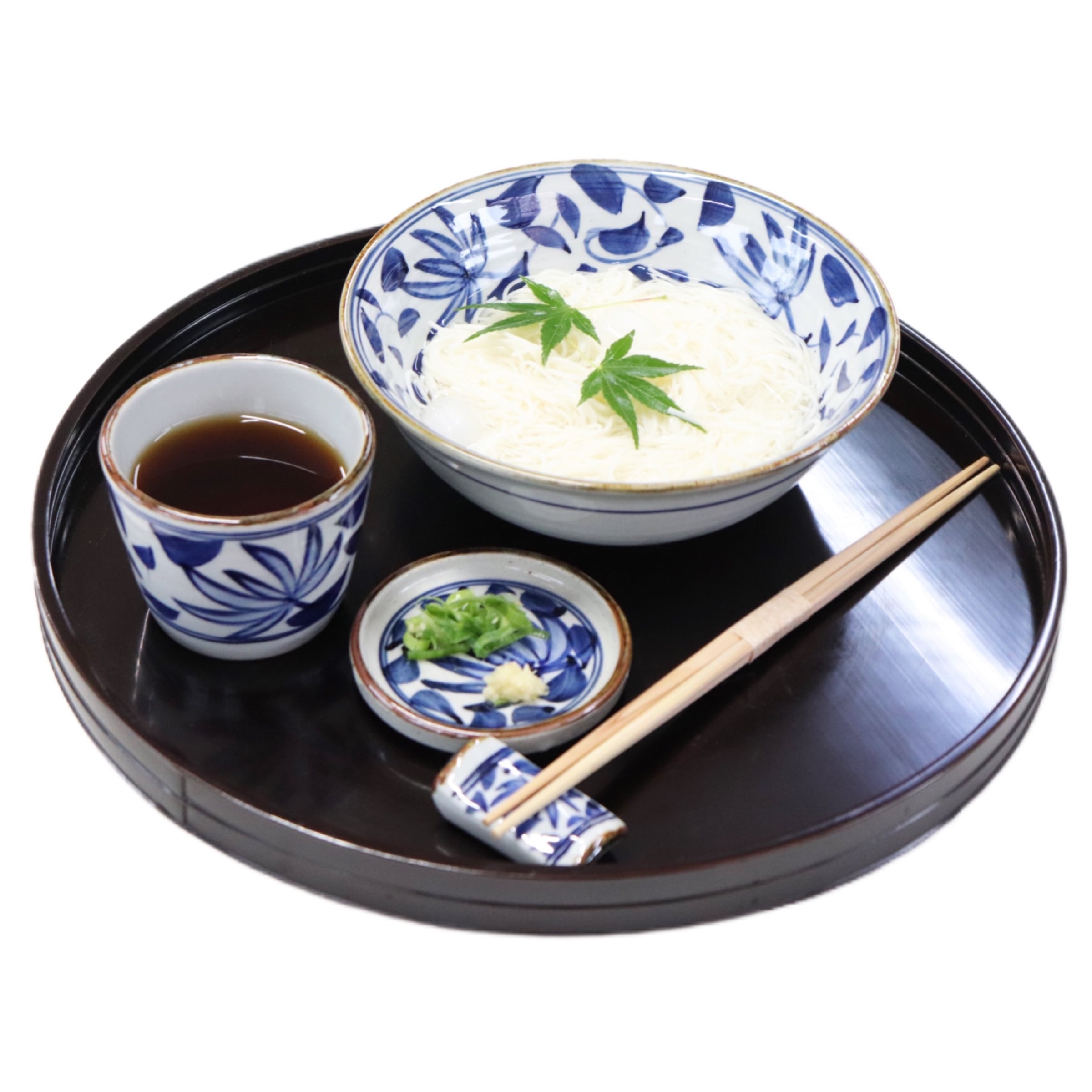 冷んやり麺セット 菊唐草（麺鉢、そばちょこ、薬味皿、箸置き） 藍窯