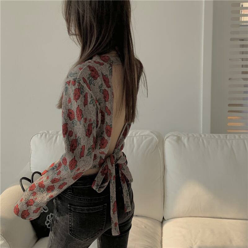 フローラルTシャツ ショートバックレススリムトップス サマースタイル ロング 夏物 花柄 ブラックストロベリース87341426746