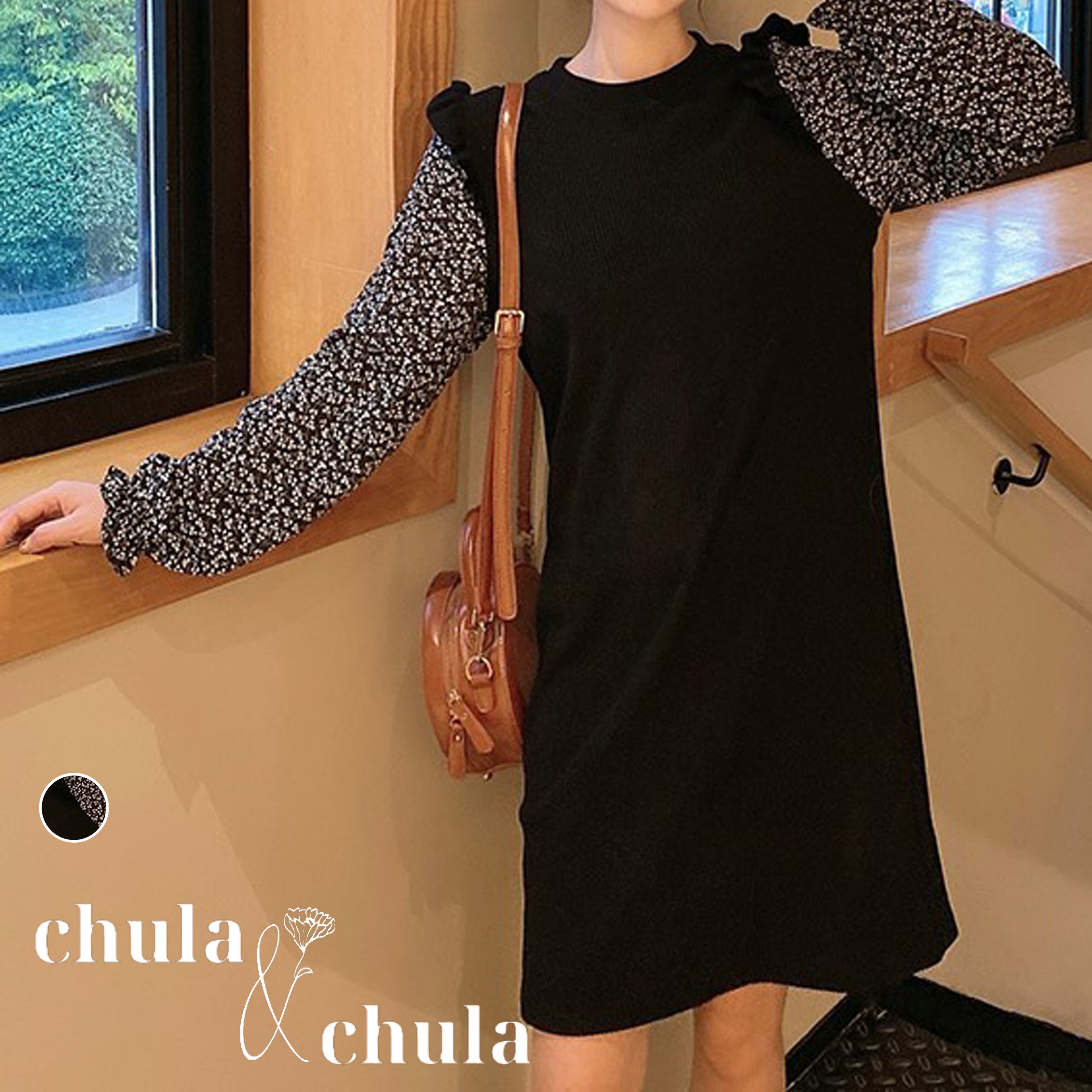 大きいサイズ レディース韓国ファッション ワンピース ニット スカート 花柄 パフスリーブ ラウンドネック ミディ丈 Aライン カジュアル Ch3340 可愛い大きいサイズ韓国レディースファッション Chulachula チュラチュラ