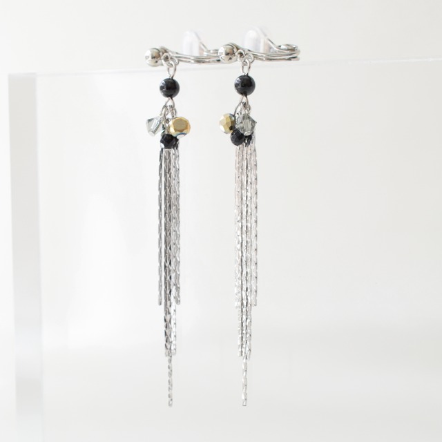 ブラックオニキス×chain 天然石 シルバー イヤリング 痛くない 福耳 日本製 金属アレルギー対応 落ちない シンプル 大人 ピアス風 揺れる 送料無料