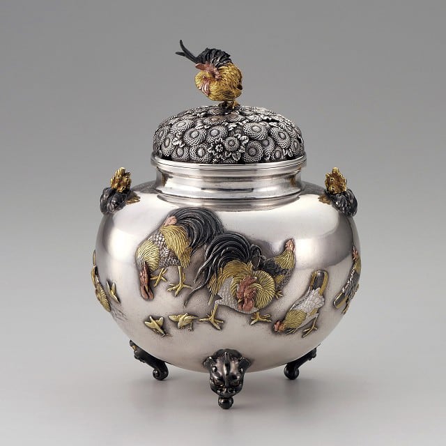 銀製 金鶏鳥 香炉 津雪作