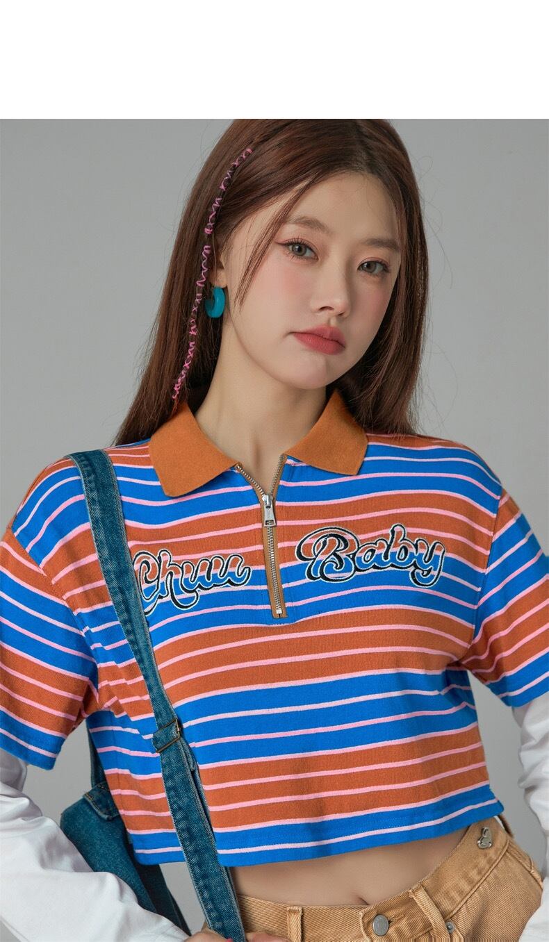 トップス ボーダー ストライプ Tシャツ スポーツ 水色 茶色 ブラウス