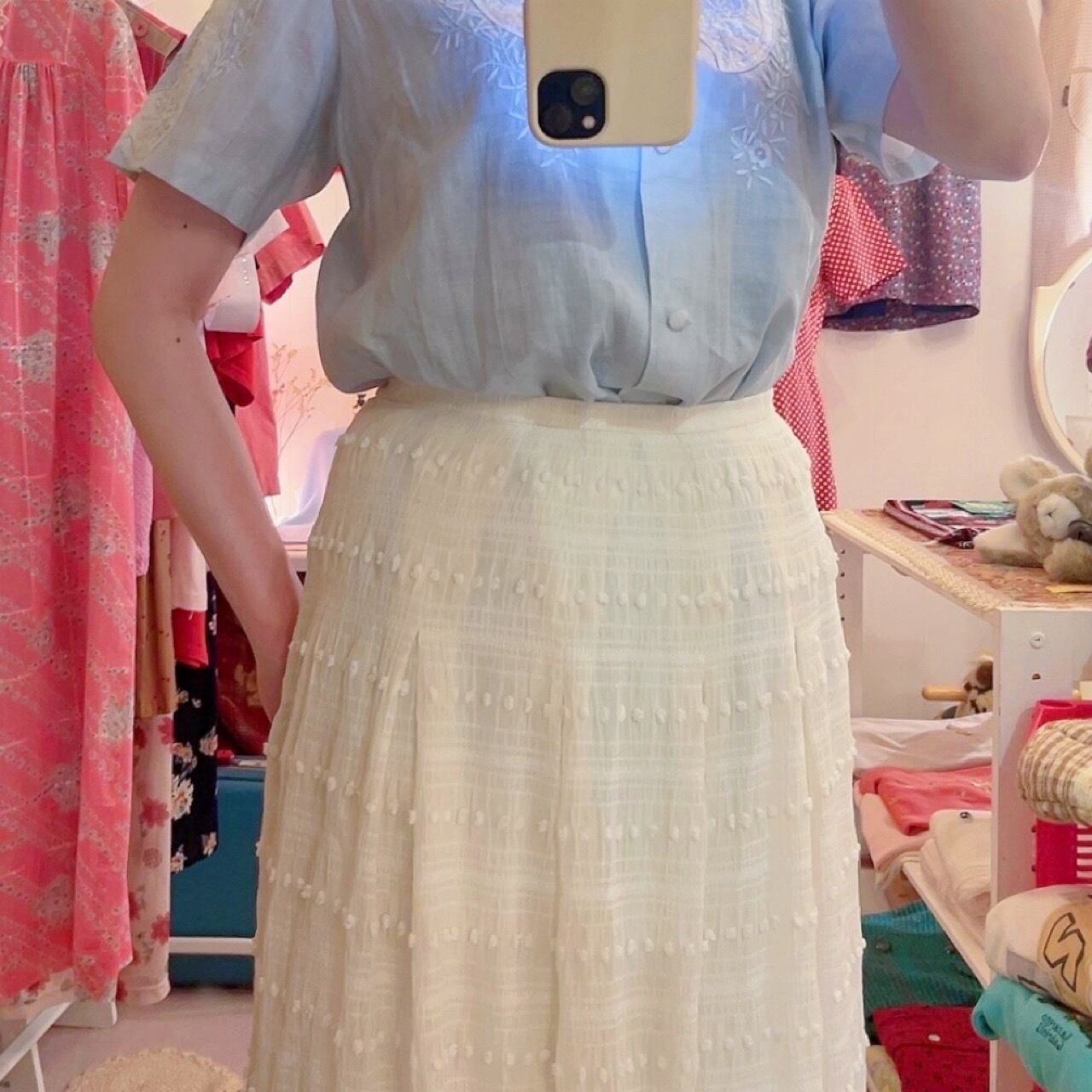 NINARICCI / mini ponpon white flare skirt