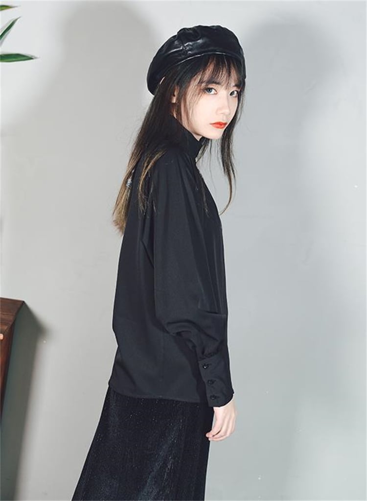 TNRCH XL 黒 長袖シャツ　タイニーリーコン チャイニーロングリブシャツ | More want Black