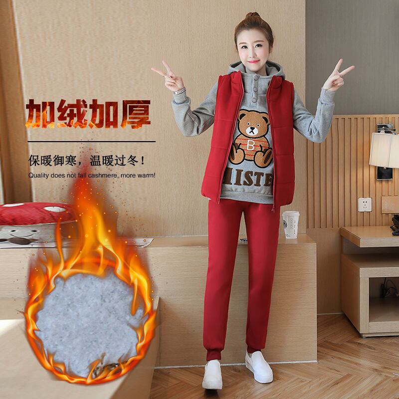 【新作】【送料無料】 マタニティウェア2019冬の新しいセータープラスベルベットの厚い漫画のフード付きトップ+ベリーリフトパンツ妊娠中のスリーピースセット-アリババ ウィンター 冬物 expec220971948109