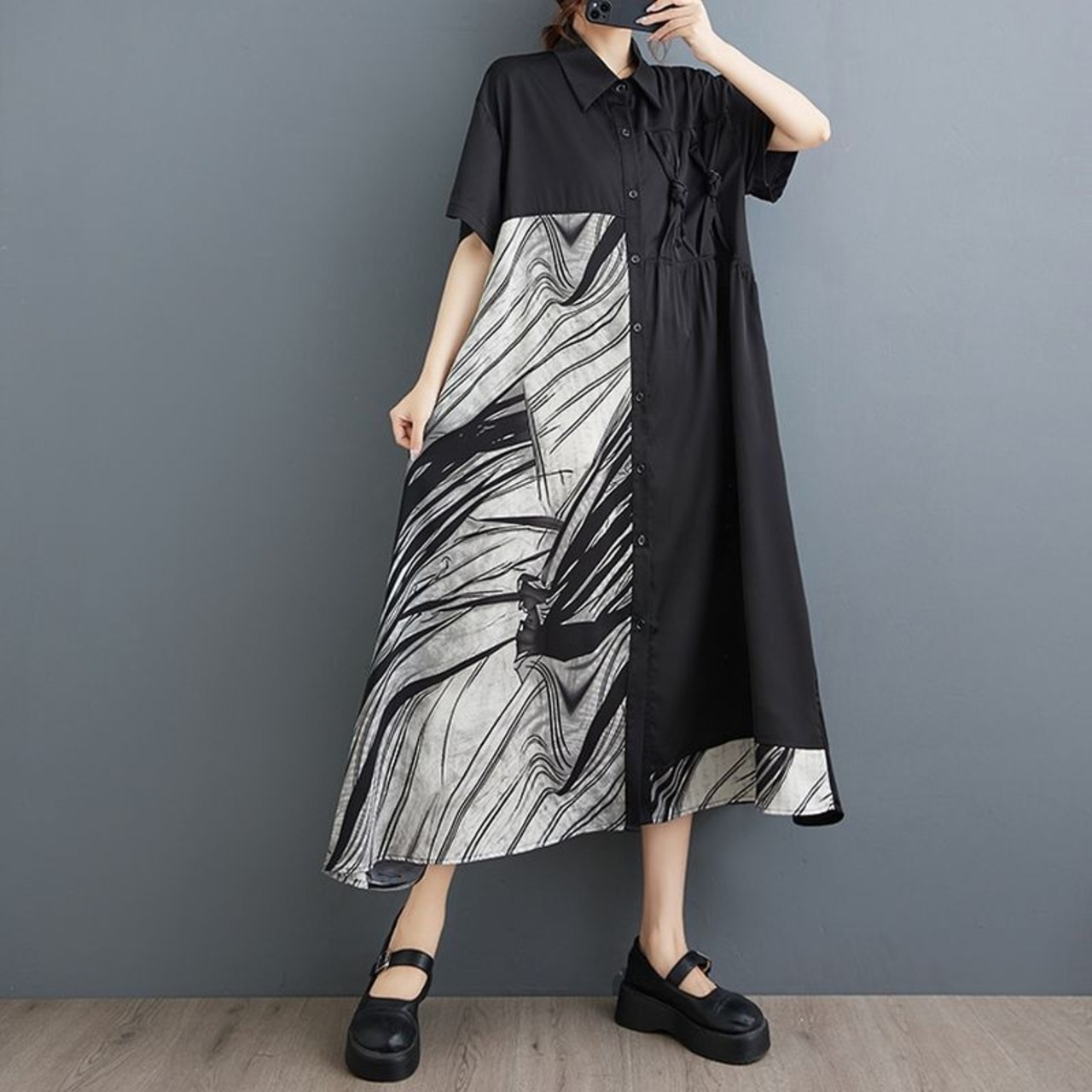 アシンメトリー 結びモチーフ シャツワンピース  30092