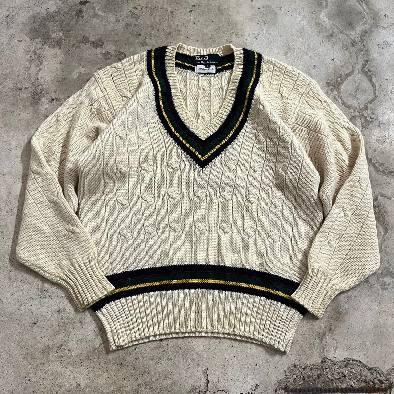 Polo Ralph Lauren〗90's Vneck wool cable knit sweater /ポロラルフ