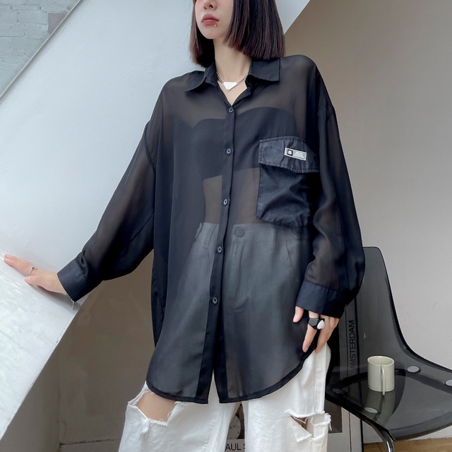 ブラックシャツ レディースサマー薄手ルーズカジュアルトップス ロング 夏物 ラブタオタオダレンハウス19963498097