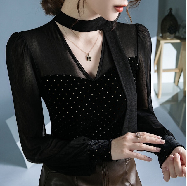 ネックリボン ロングスリーブ Vネック ダンストップス ds1410