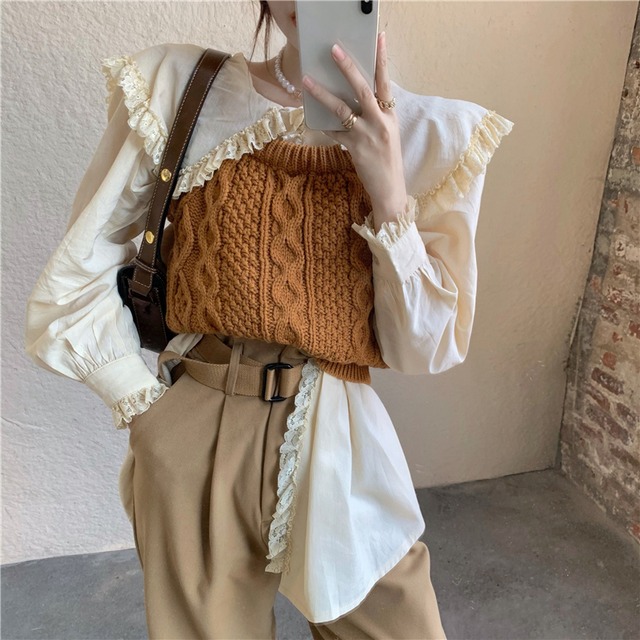 シャツ ルーズスタイルネイビーカラーオータムウィンタートップス ロング 秋物 冬物 ブラックストロベリース31001752785