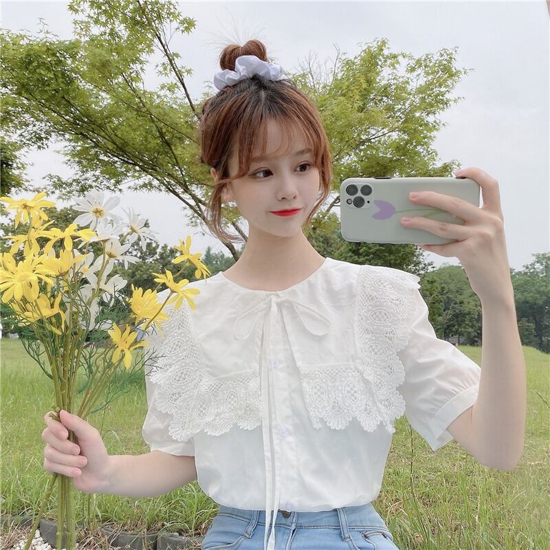 レースネイビーカラーシャツ レディースサマーリボントップス 大人ガーリー スウィート キュート カジュアル 夏物 1号婦人95102938889