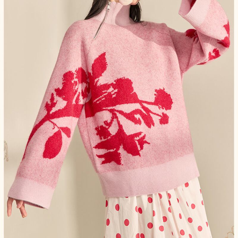 Rose Pattern Zip-Up Pullover S0125