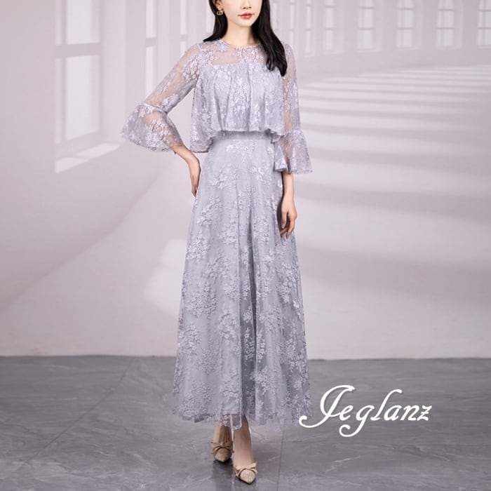 総レース ロング丈 ワンピース ケープ 肌透け ベルスリーブ 高見え 4色(M4628)ζ