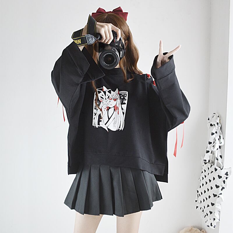 病みかわいい Catwish お面プリント バルーンスリーブ 編み上げ ゴシック オリジナルブランド 原宿系 10代 代 サブカル系専門店 Ladies Fashion Seasonz