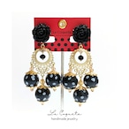 木製水玉ビーズのフラメンコピアス/イヤリング(ブラック)