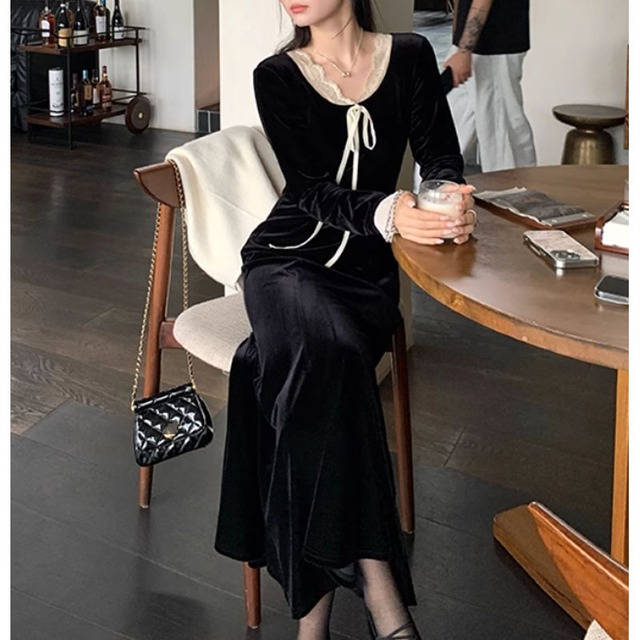 【ワンピース】ワンピース 秋 きれいめ おしゃれ きれいめ ベルベット 袖あり 可愛い オフィス 春 秋 冬 20代 30代 40代 50代 大人 可愛い カジュアル S M L