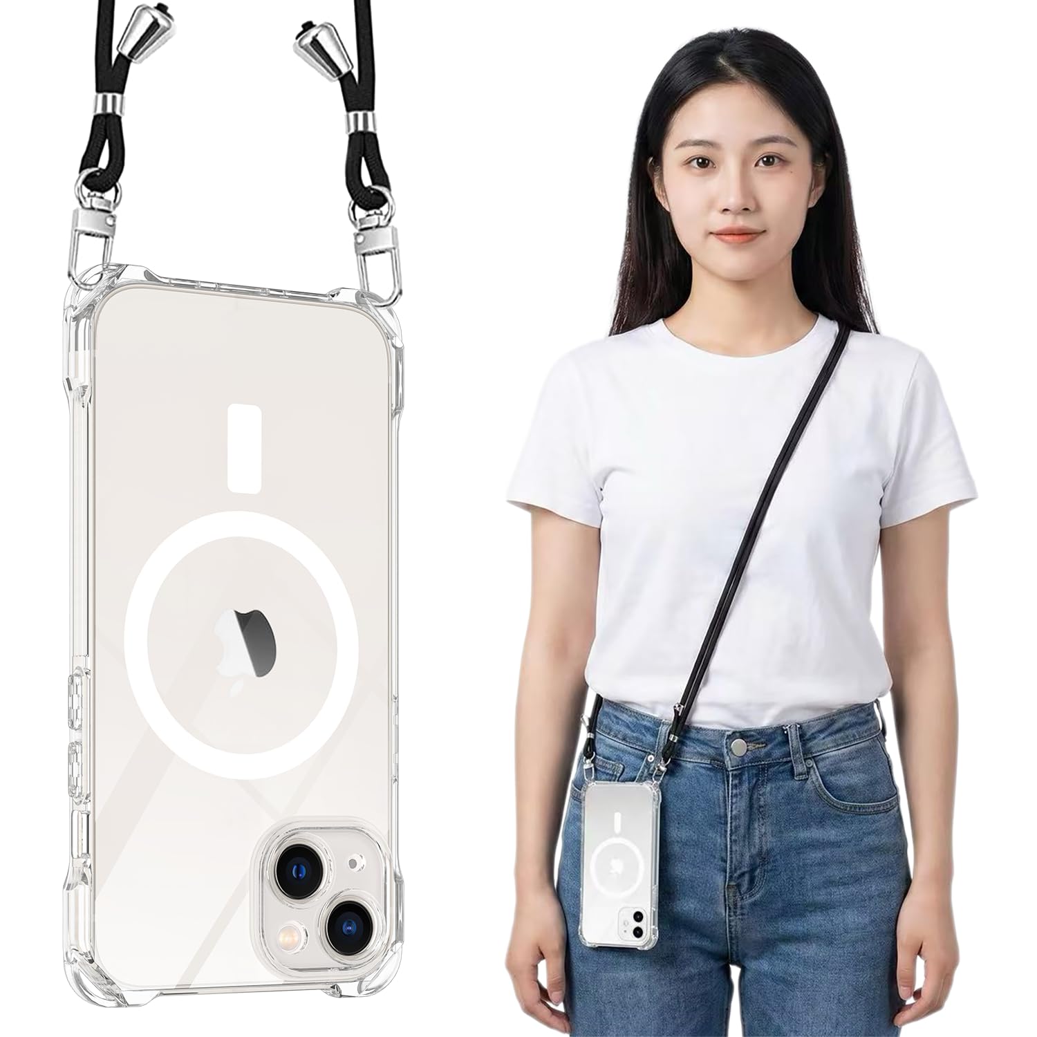 MagSafe対応 iPhone 13 Mini用 ケースクリア ストラップ ショルダー マグネット搭載 アイフォン13 Miniカバー 縦/横 2WAY肩掛け 斜めかけケース【長さ調整可能 ブラック縄掛け付き】紐付き 斜めがけ 織りスト 落下防止 紛失防止(あいほん13 Mini-クリア)