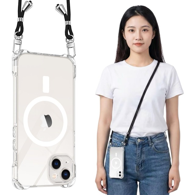 MagSafe対応 iPhone 13 Mini用 ケースクリア ストラップ ショルダー マグネット搭載 アイフォン13 Miniカバー 縦/横 2WAY肩掛け 斜めかけケース【長さ調整可能 ブラック縄掛け付き】紐付き 斜めがけ 織りスト 落下防止 紛失防止(あいほん13 Mini-クリア)