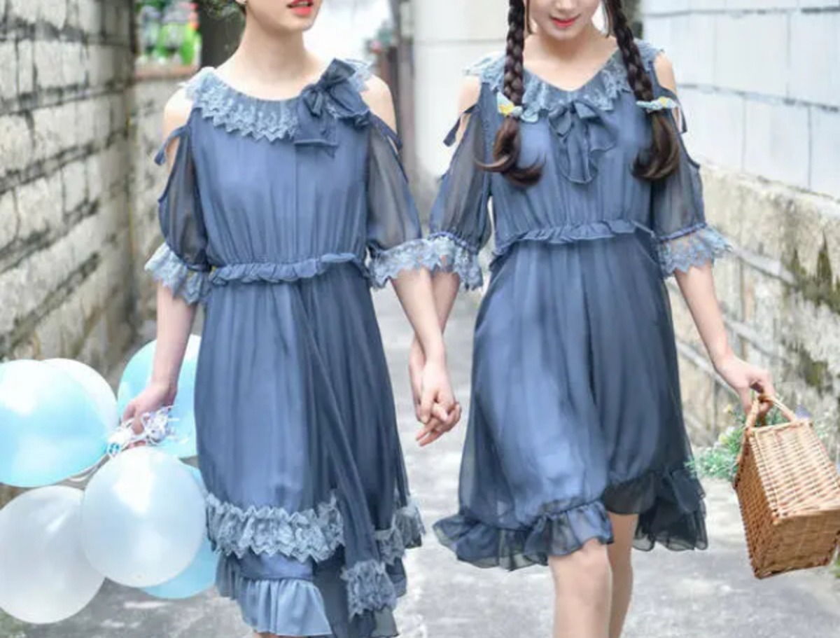 ワンピース 双子コーデ 青色 かわいい 夏 フリル 韓国ファッション Sweetly